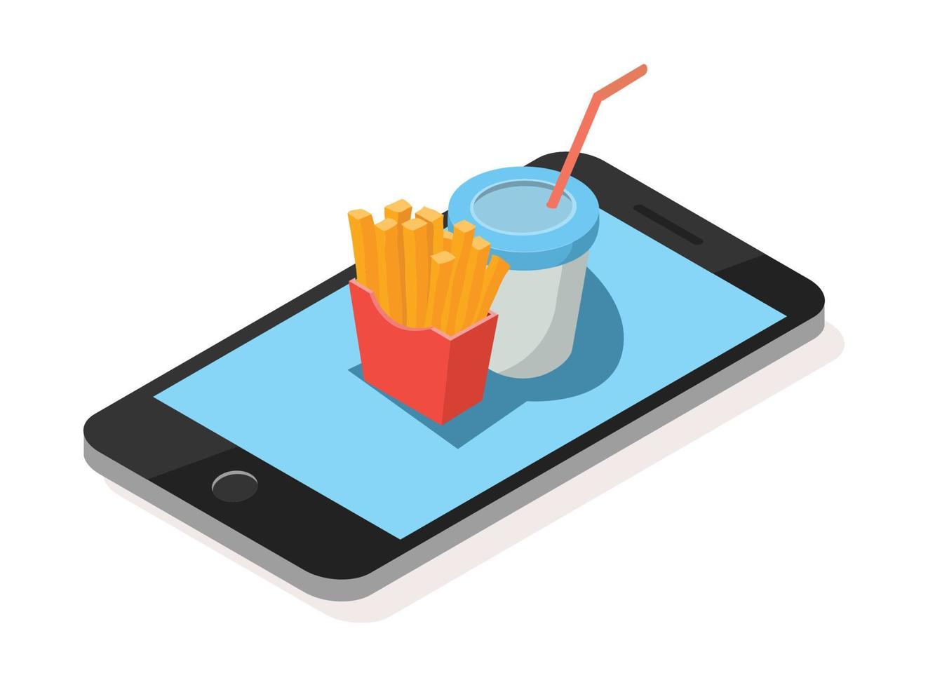 Concepto de vector plano isométrico 3d de aplicación de pedido de comida en línea de restaurante y cafetería con teléfono inteligente. adecuado para diagramas, infografías y otros recursos gráficos