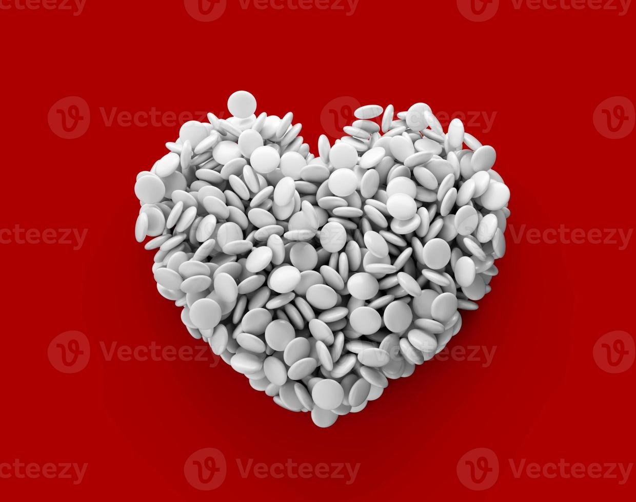 corazón hecho de smarties blancos sobre un fondo rojo ilustración 3d foto