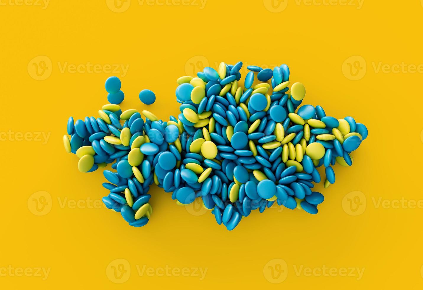 Kazakhstan multicolored sweet candy Dragees in shape of 000 map isolated on white background. 3d illustration photo