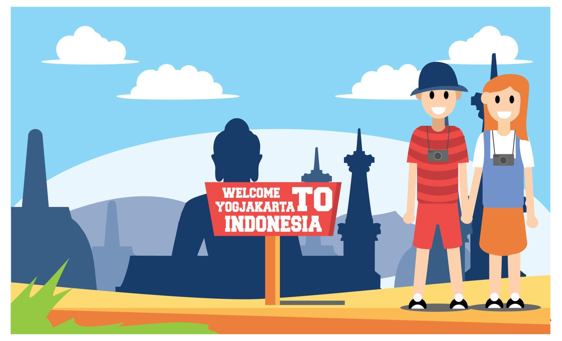 flat illustration of amazing tourist attractions in Indonesia, Vector