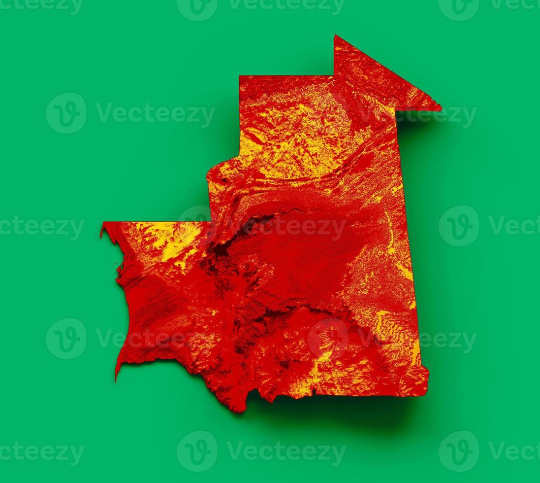 Mauritania map with the flag Colors Yellow green and Red Shaded relief map 3d illustration photo