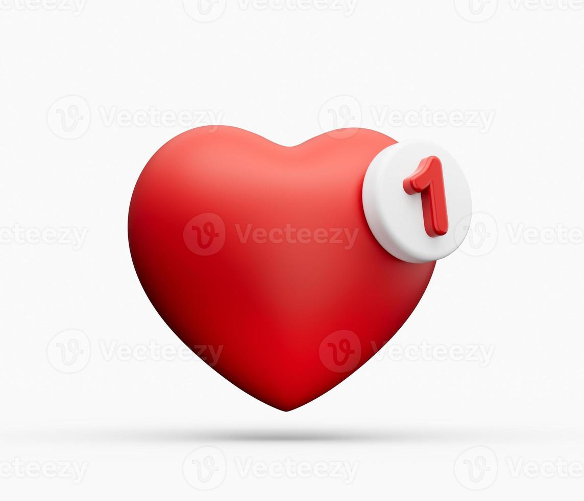 Button 1 like heart icon, social notification symbol, with red color and isolated on white background 3d illustration photo