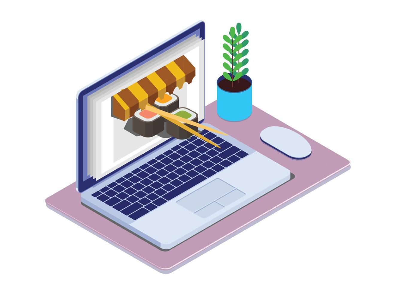 3D Isometric Flat Vector Concept of, Restaurant and Cafe Online Food Order App with Laptop,  Suitable for Diagrams, Infographics, And Other Graphic assets
