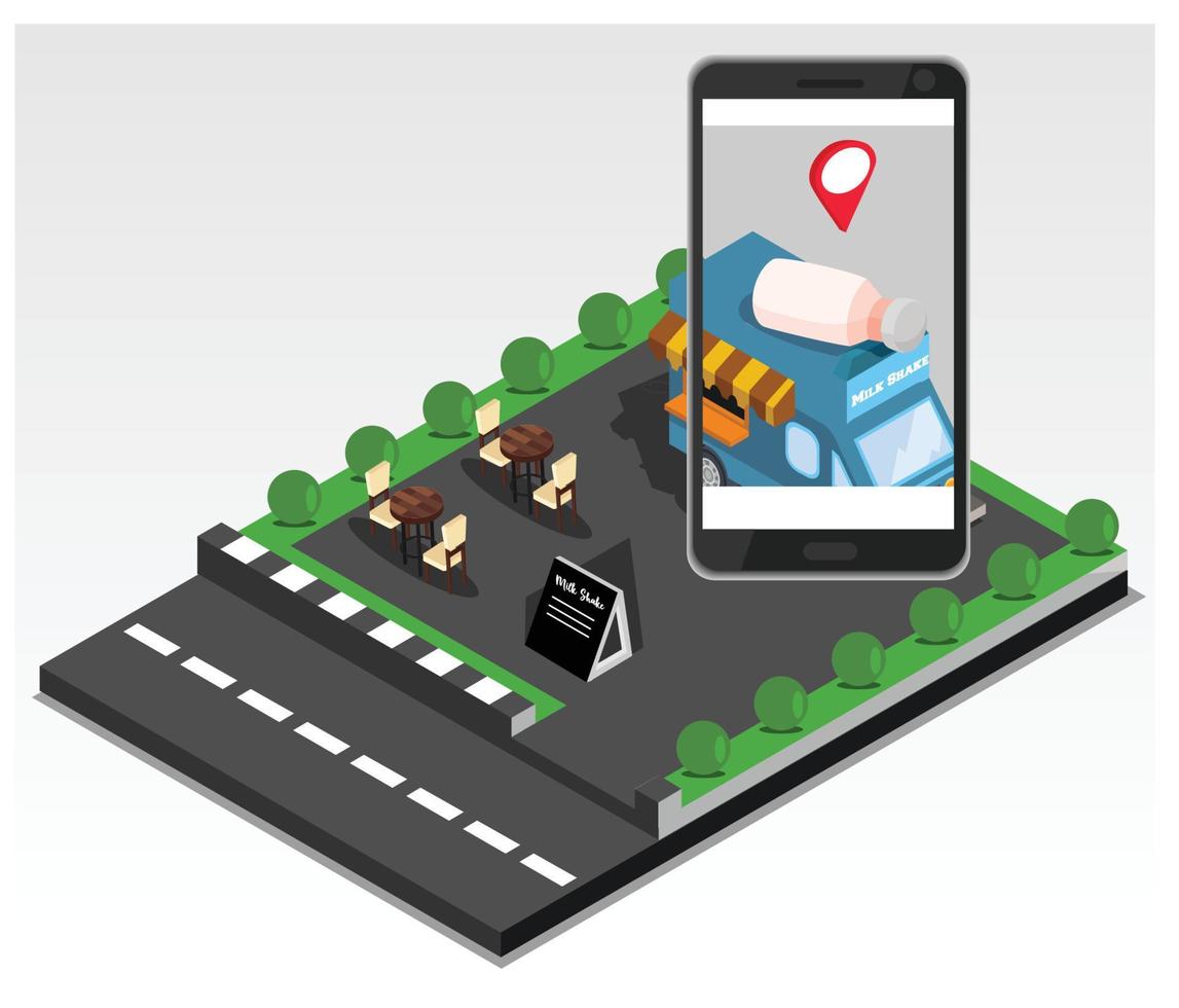 Concepto de vector plano isométrico 3d de aplicación de pedido de comida en línea de restaurante y cafetería con teléfono inteligente. adecuado para diagramas, infografías y otros recursos gráficos