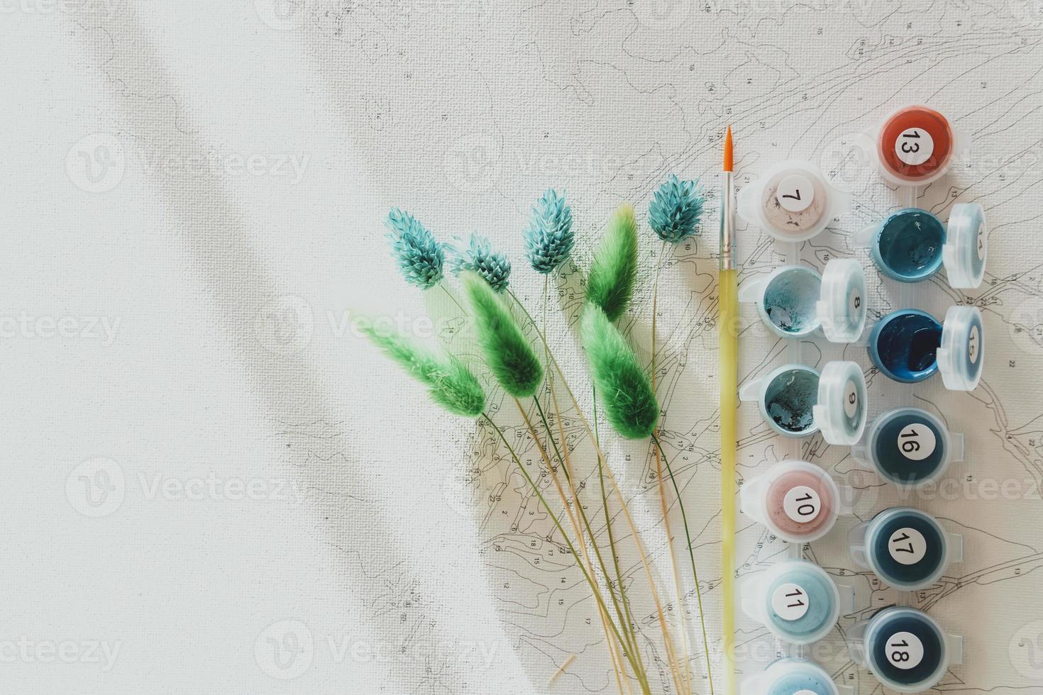 A set of colorful gouache for painting by numbers, pastel colors, drawing on canvas photo