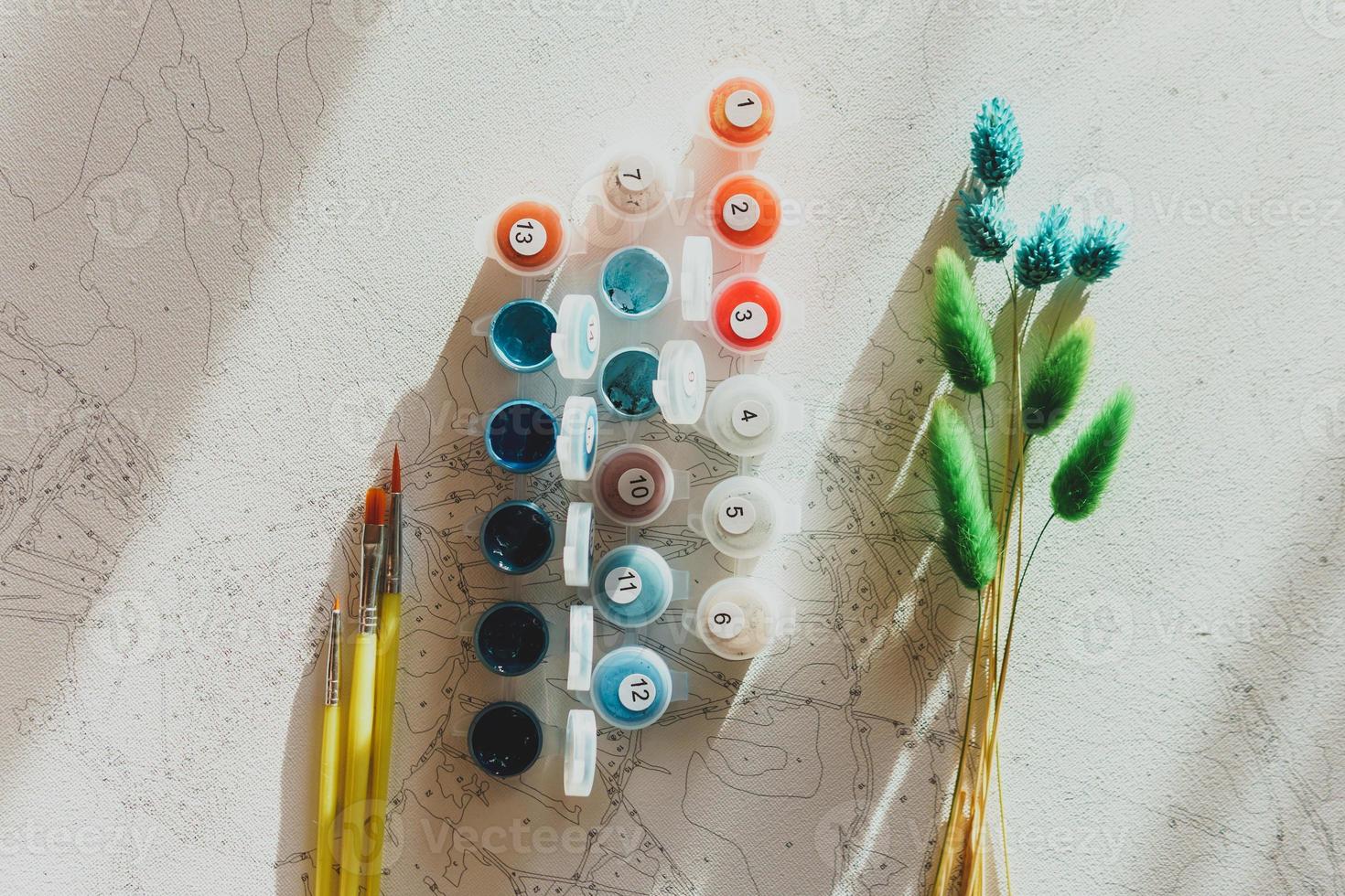 A set of colorful gouache for painting by numbers, pastel colors, drawing on canvas photo
