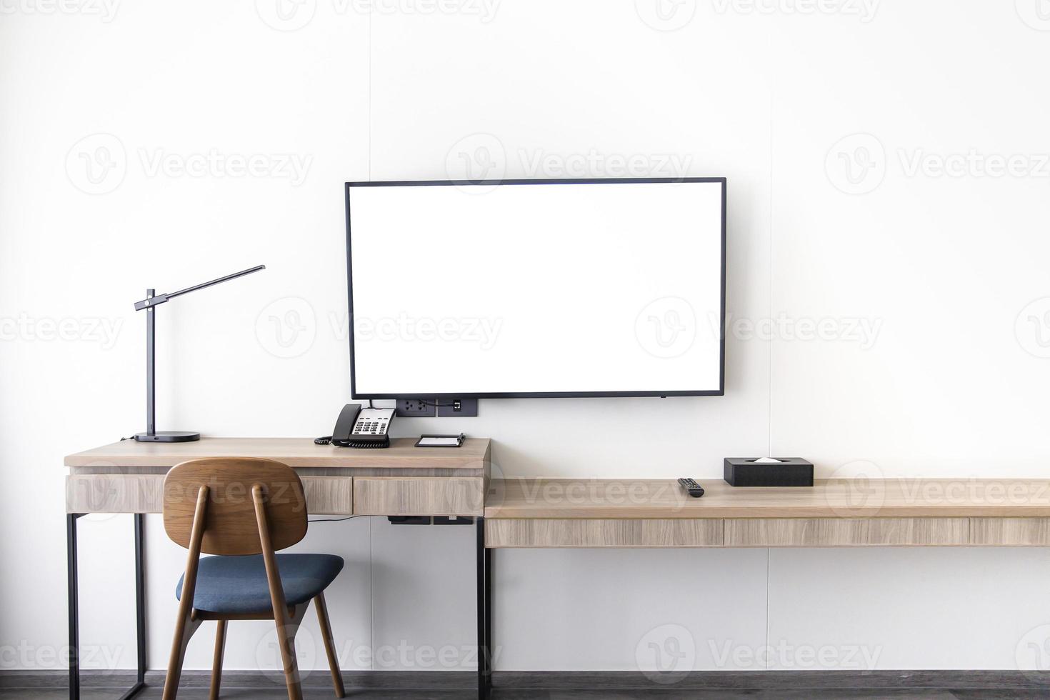 Living room interior led tv stand on white wall mounted with wooden table in the room in a modern style photo