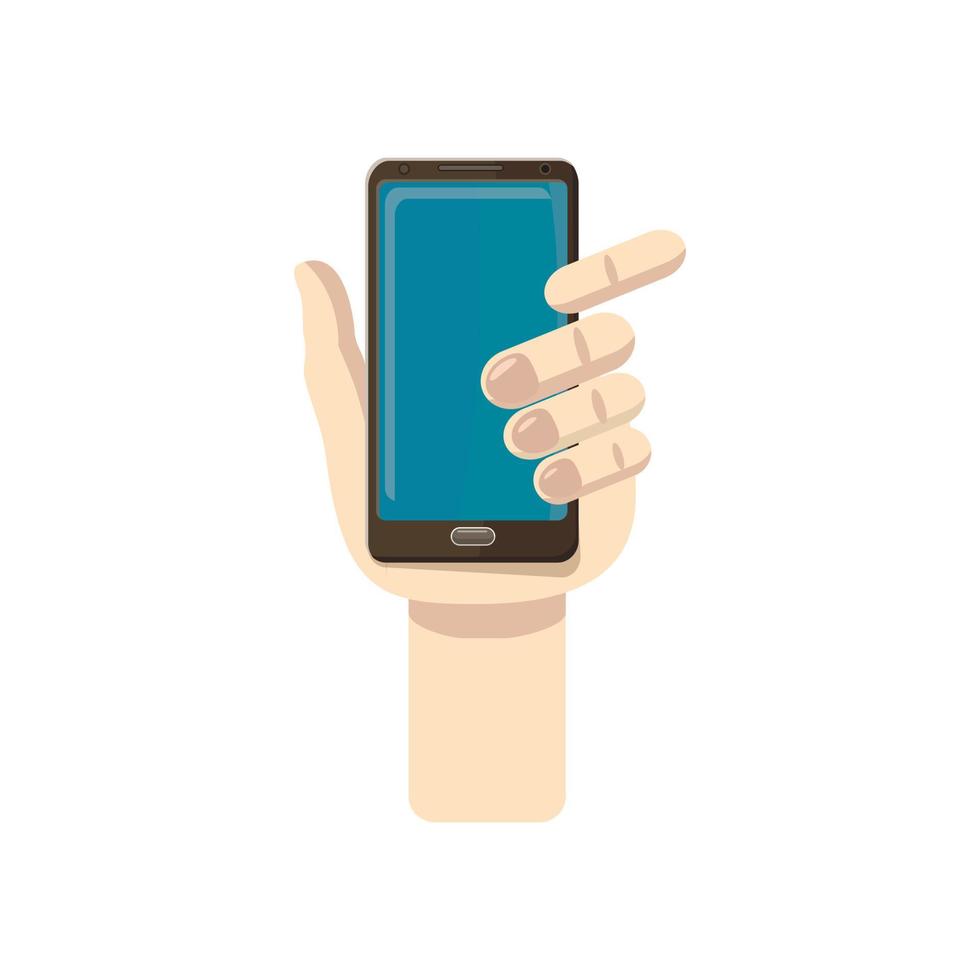Mobile phone in hand icon, cartoon style vector