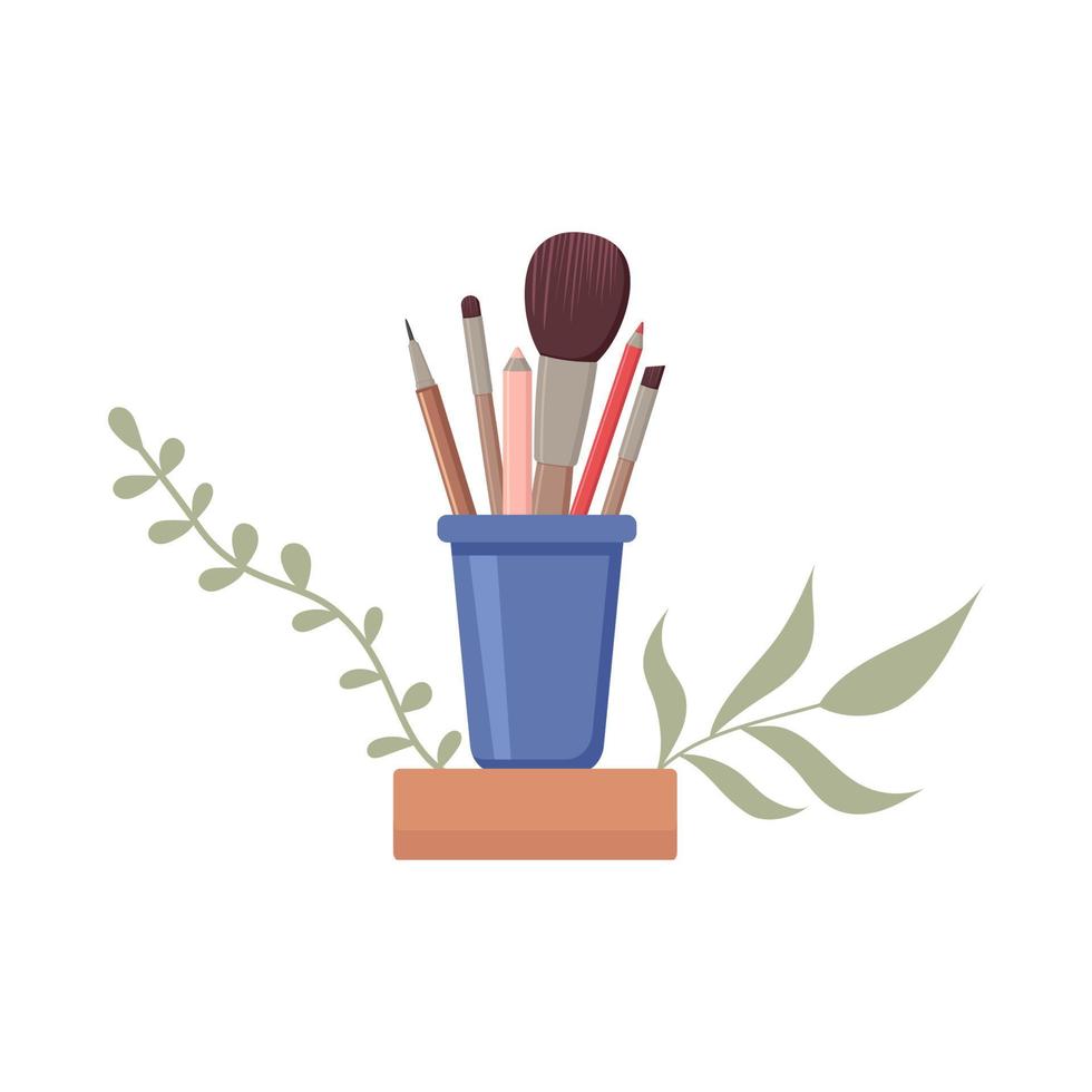 A set of makeup brushes in a glass. vector illustration
