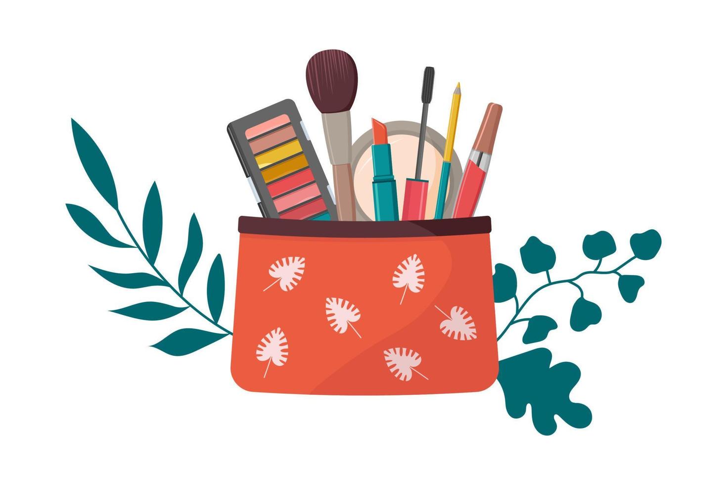 Bright cosmetic bag with decorative cosmetics. vector illustration