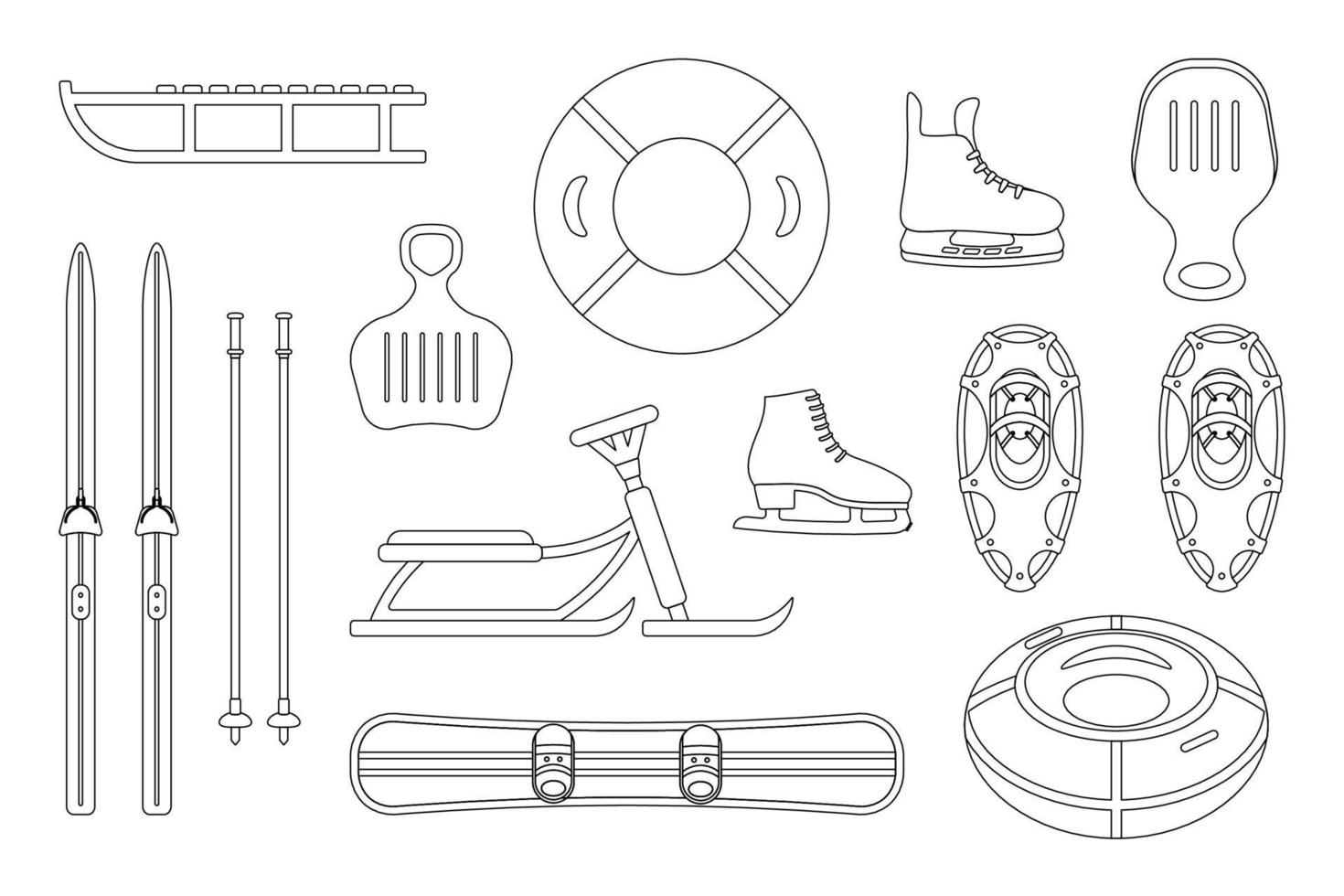 Set of illustrations of sports winter equipment in the style of line art. vector illustration