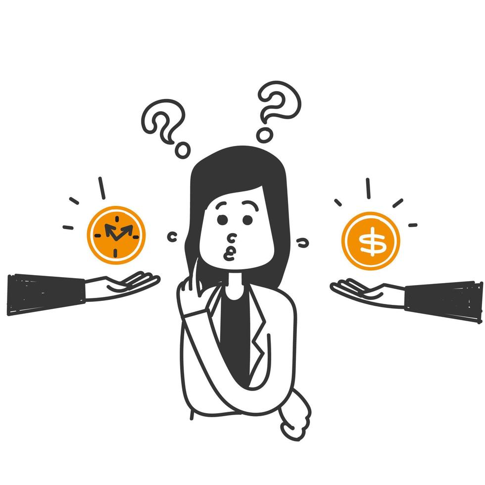 hand drawn doodle business woman confused to choose between money and time illustration vector