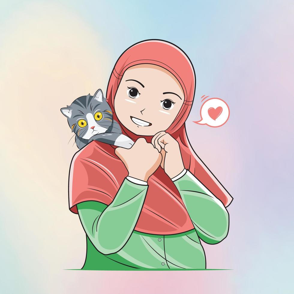 una niña sonriente que lleva un hiyab sostiene una hermosa ilustración de vector de gatito descarga gratuita