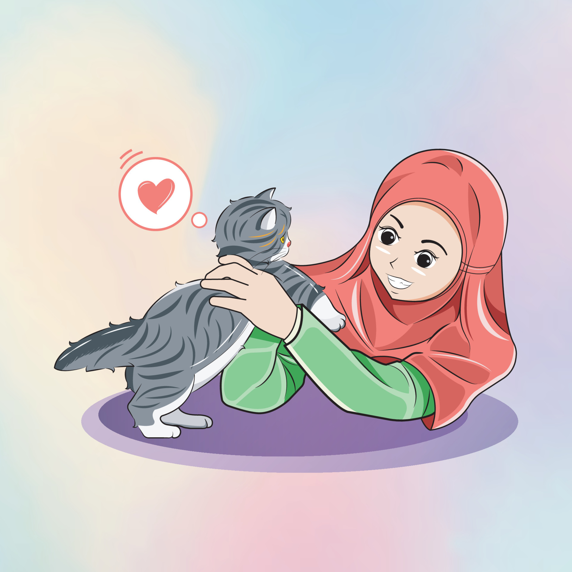 Premium Vector  Cute hijab girl studying with cat cartoon art illustration