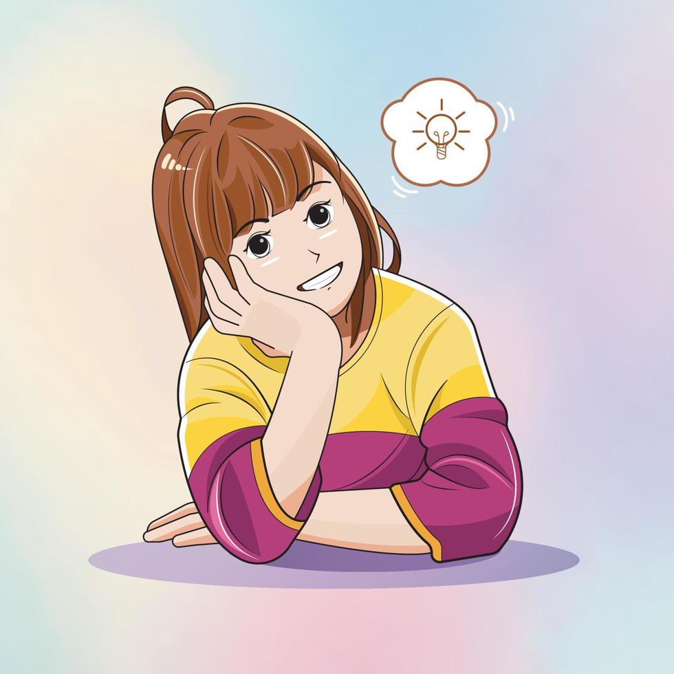 A little smiling girl is thinking of solution vector illustration pro download