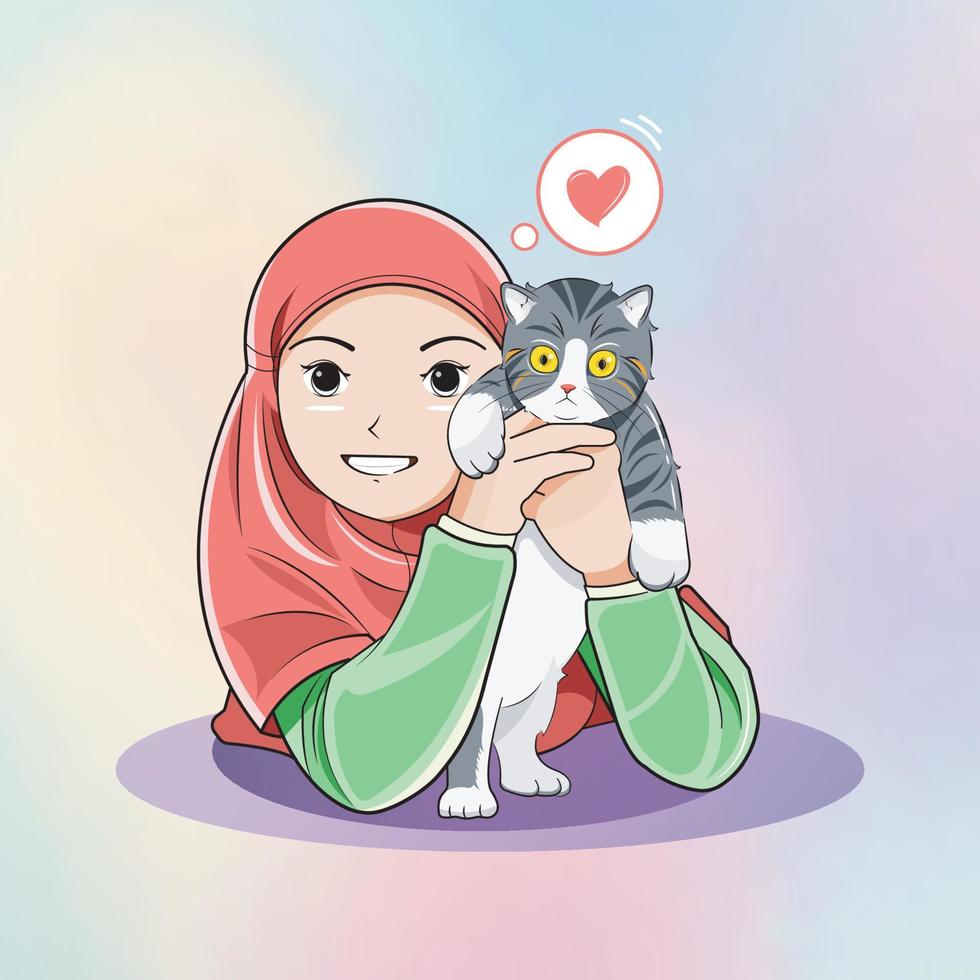 una pequeña niña hijab sonriente abrazando a un gatito encantador ilustración vectorial descarga gratuita vector