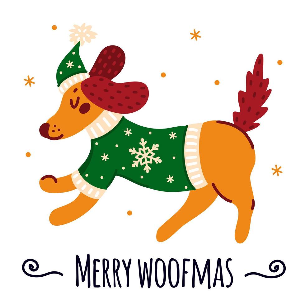 Cute Christmas dog in a warm sweater, hat. Running dachshund puppy in a jacket decorated with snowflakes. Merry woofmas. Bright animal isolated on white. Simple flat clipart for cards, posters, prints vector