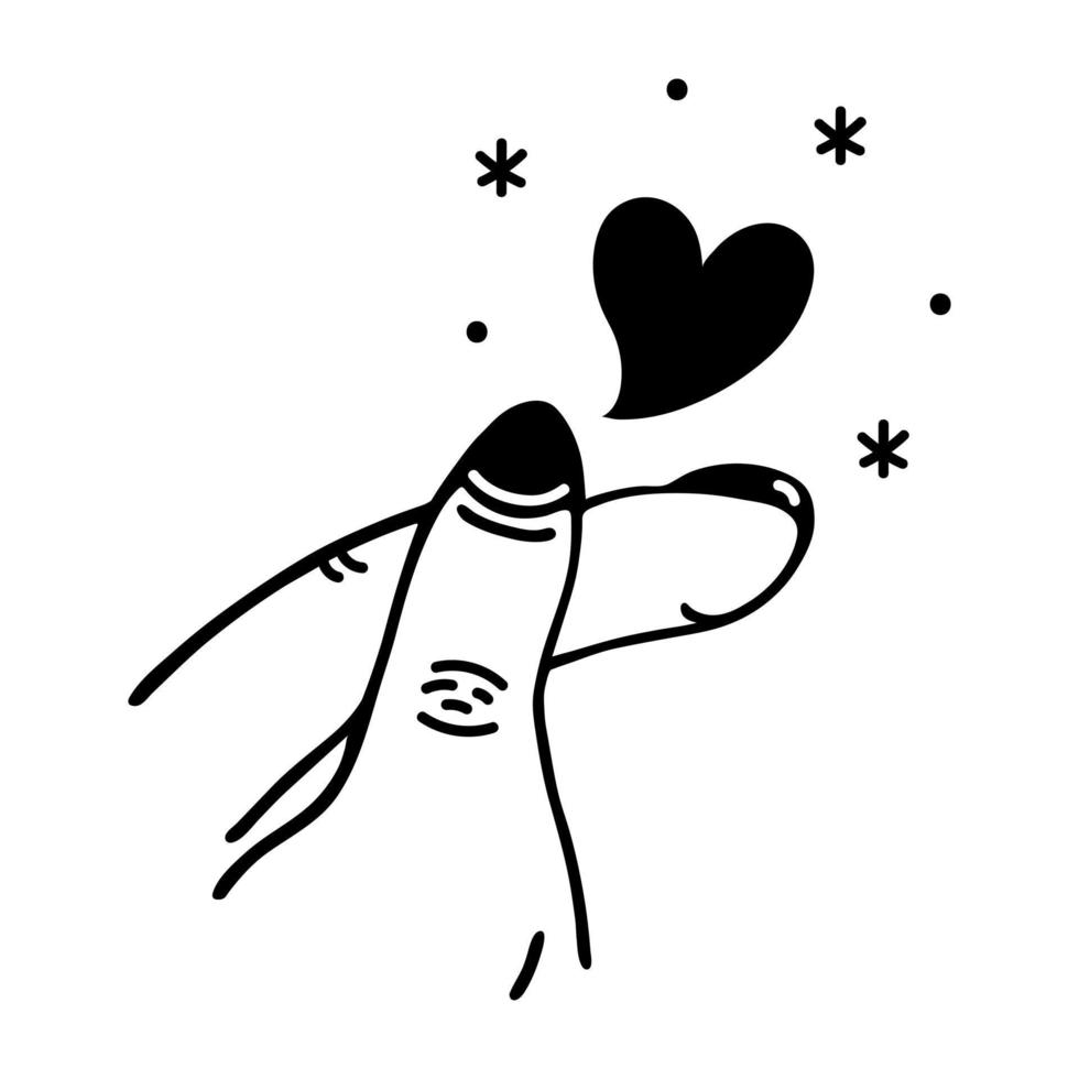 icono de vector de corazón de dedo. gesto de amor, símbolo coreano de agrado. signo k-pop aislado en blanco. contorno simple dibujado a mano, garabato. imágenes prediseñadas del día de san valentín. ilustración para logotipo, aplicaciones, carteles