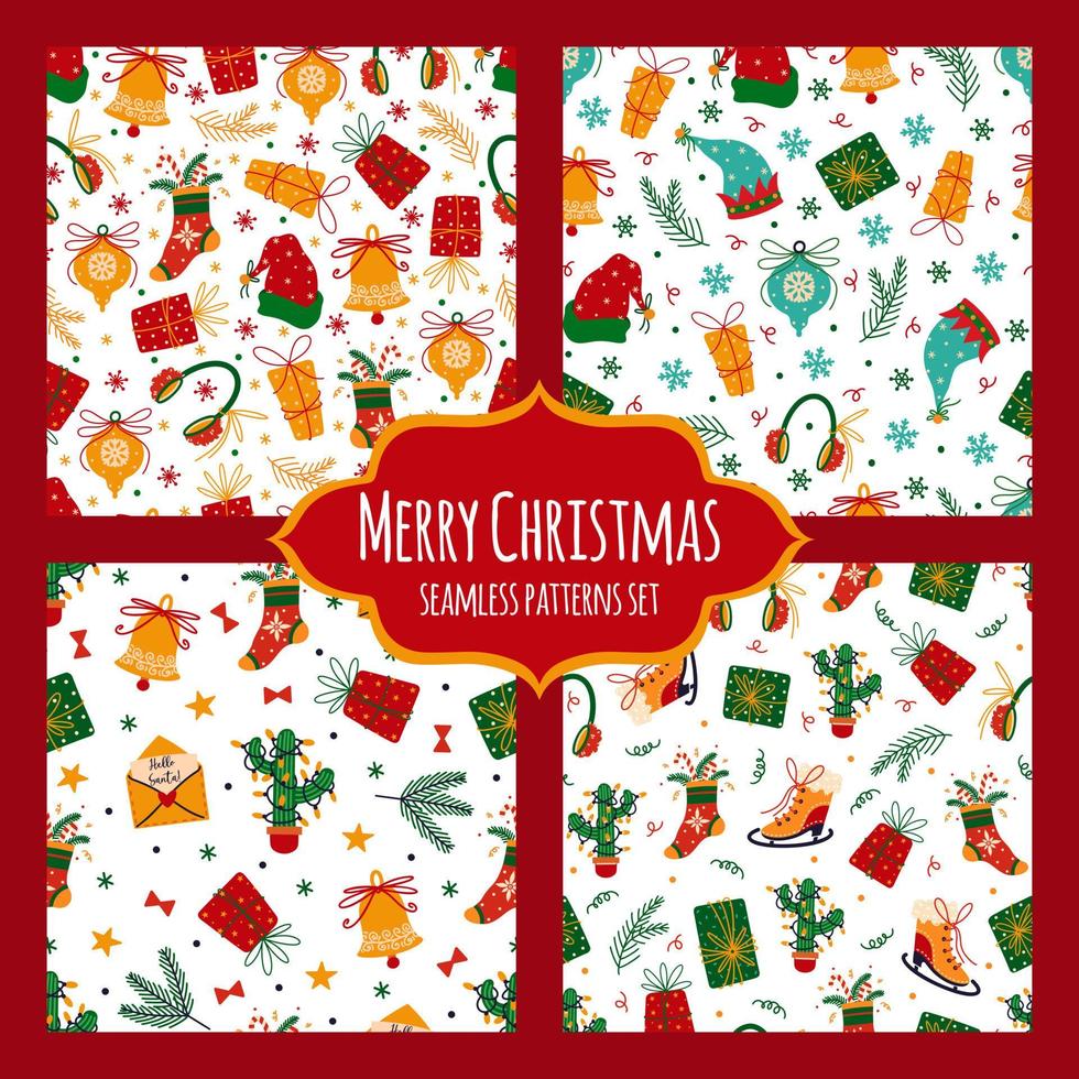 Merry Christmas and happy New Year seamless vector patterns set. Holiday symbols - gifts, jingle bells, snowflakes, spruce branches, Santa Claus hat. Flat cartoon background for wallpaper, prints, web