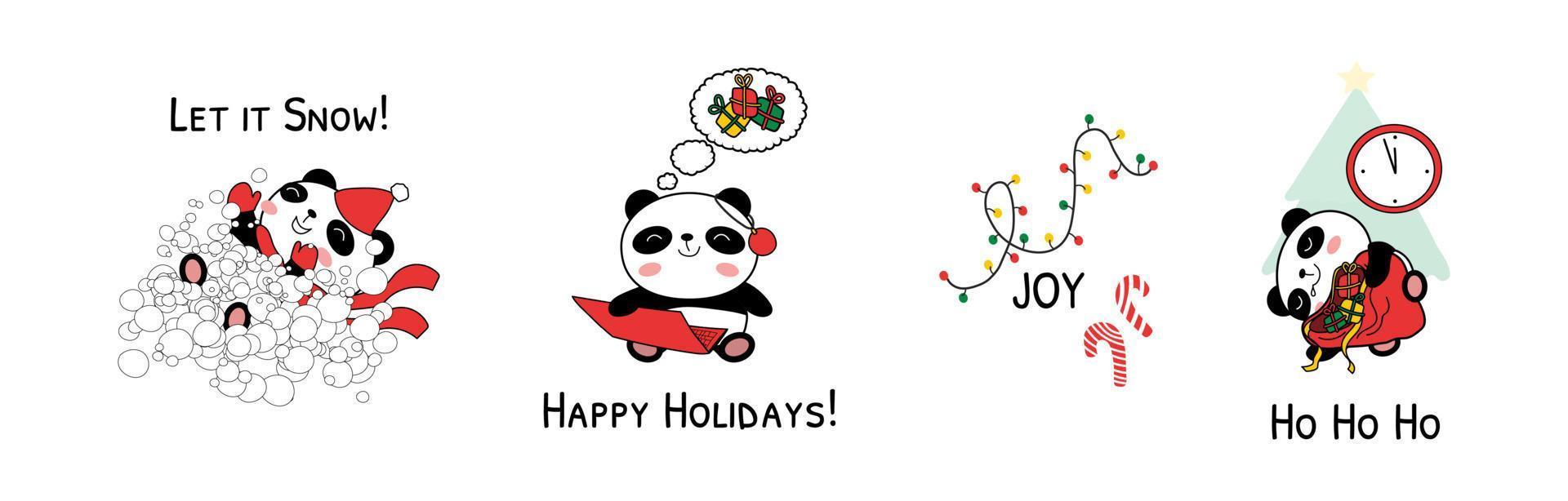 Christmas baby pandas vector illustration isolated on white background