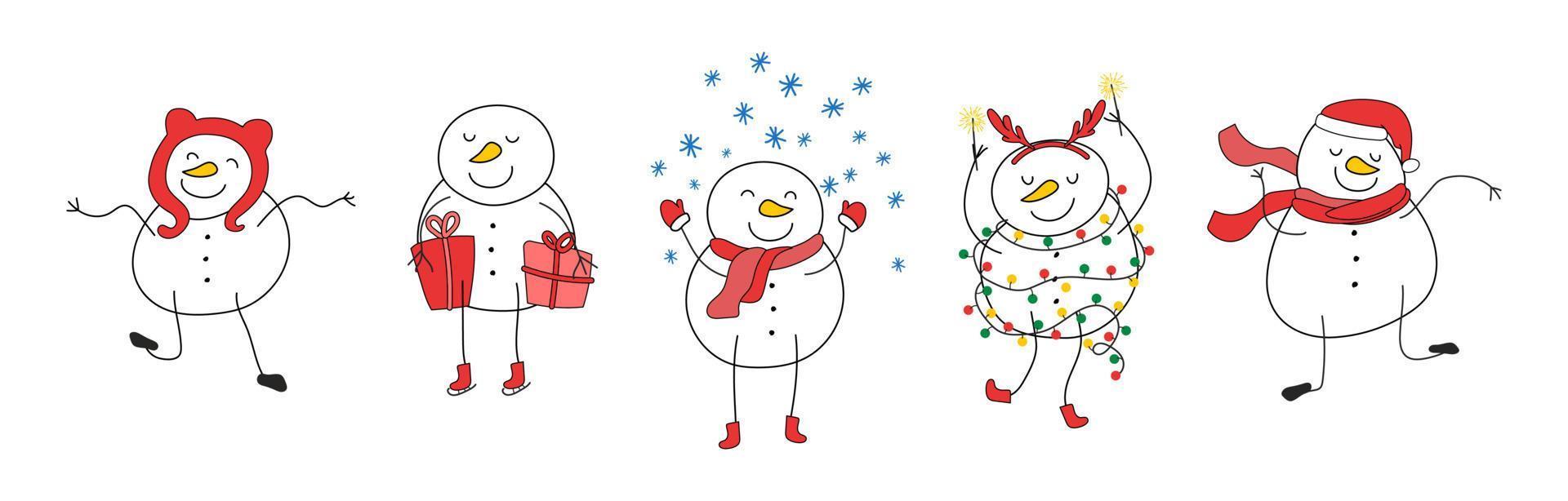 Christmas Snowmen set vector illustration isolated on white background