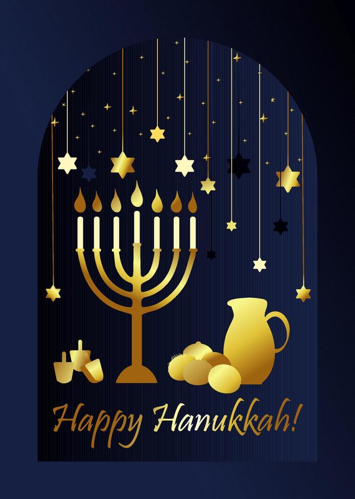 Happy Hanukkah greeting card vector illustration with golden menorah