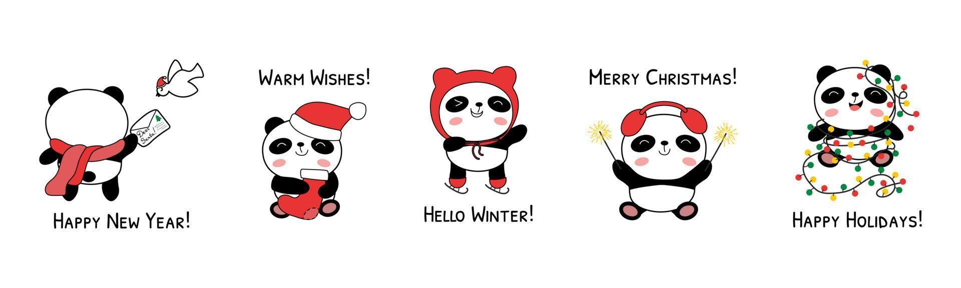 Ilustración de vector de pandas de bebé de Navidad aislado sobre fondo blanco