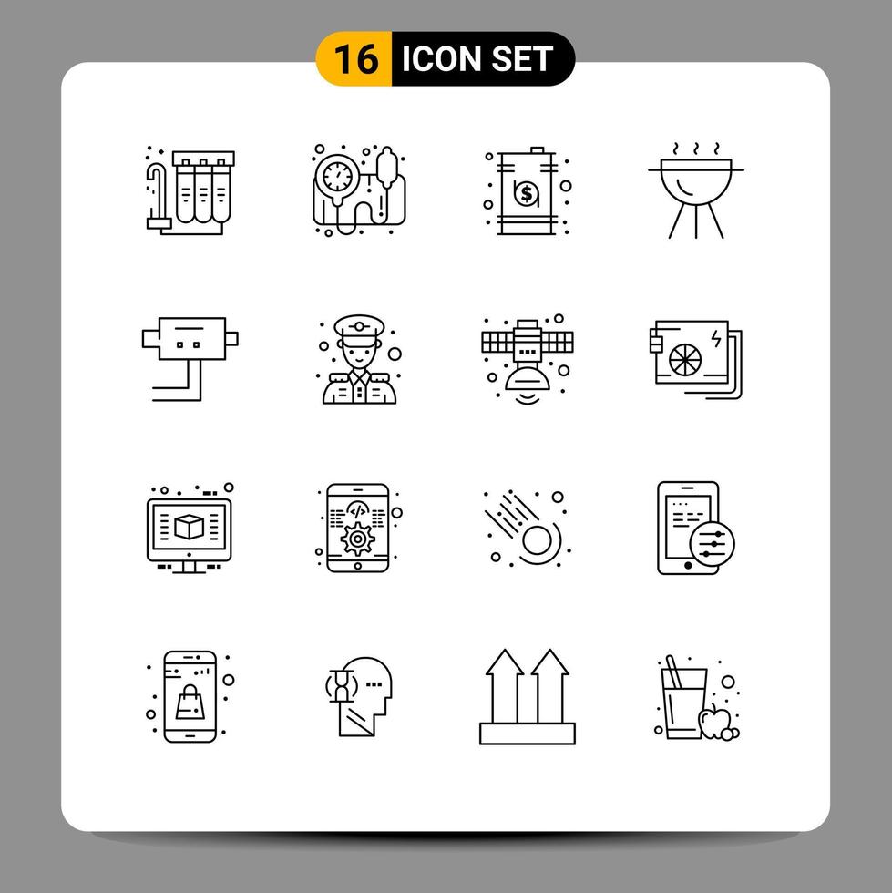 Mobile Interface Outline Set of 16 Pictograms of security cam data cook barbecue Editable Vector Design Elements