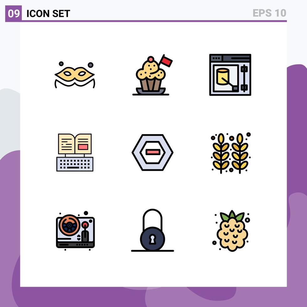 grupo de 9 signos y símbolos de colores planos de línea rellena para elementos de diseño de vectores editables clave de libro de diseño negativo de facebook