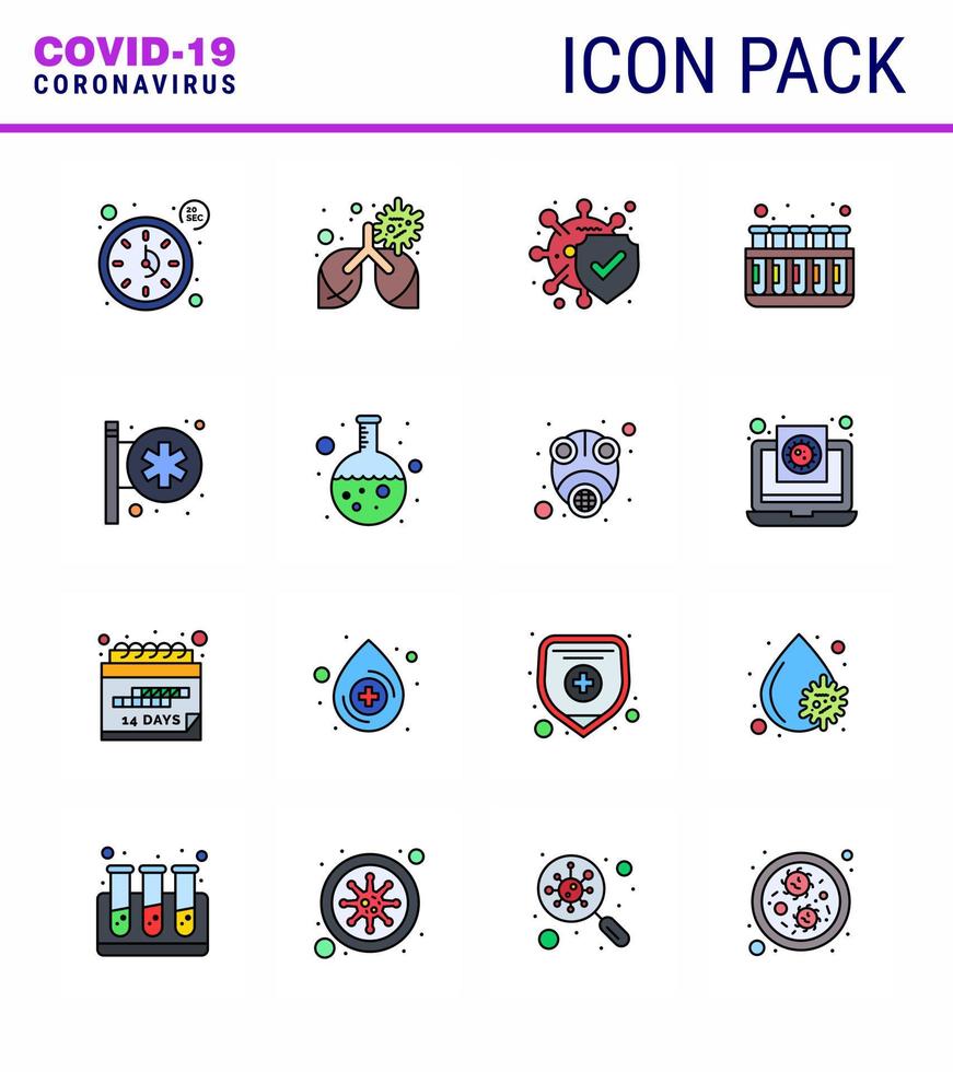 enfermedad del virus corona 16 paquete de iconos de línea llena de color plano chupar como letrero de hospital laboratorio bacterias tubos química coronavirus viral 2019nov enfermedad vector elementos de diseño