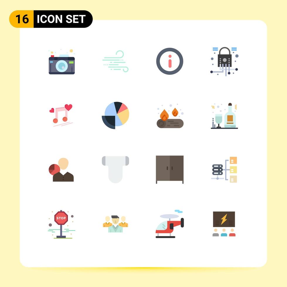 Modern Set of 16 Flat Colors and symbols such as lyrics music node info security lock Editable Pack of Creative Vector Design Elements