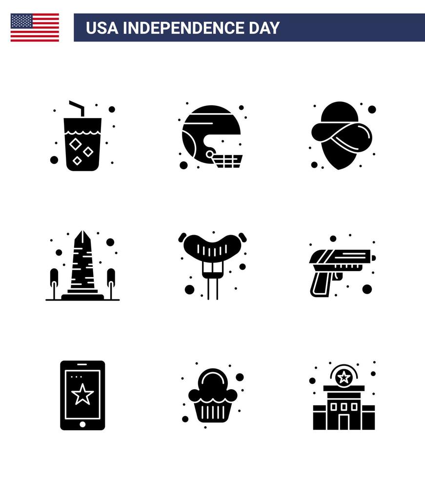 Group of 9 Solid Glyphs Set for Independence day of United States of America such as washington sight state monument hat Editable USA Day Vector Design Elements