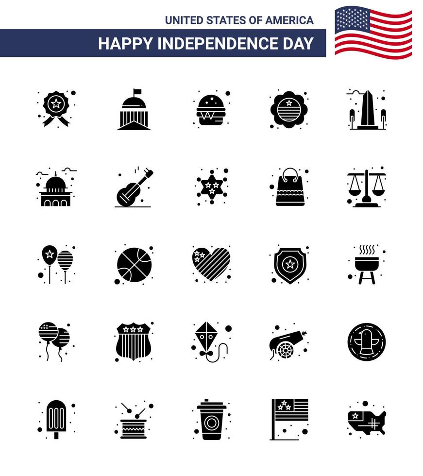 25 Solid Glyph Signs for USA Independence Day landmark international flag irish flag meal Editable USA Day Vector Design Elements