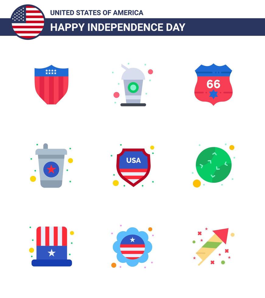 Set of 9 Modern Flats pack on USA Independence Day sign security american soda beverage Editable USA Day Vector Design Elements