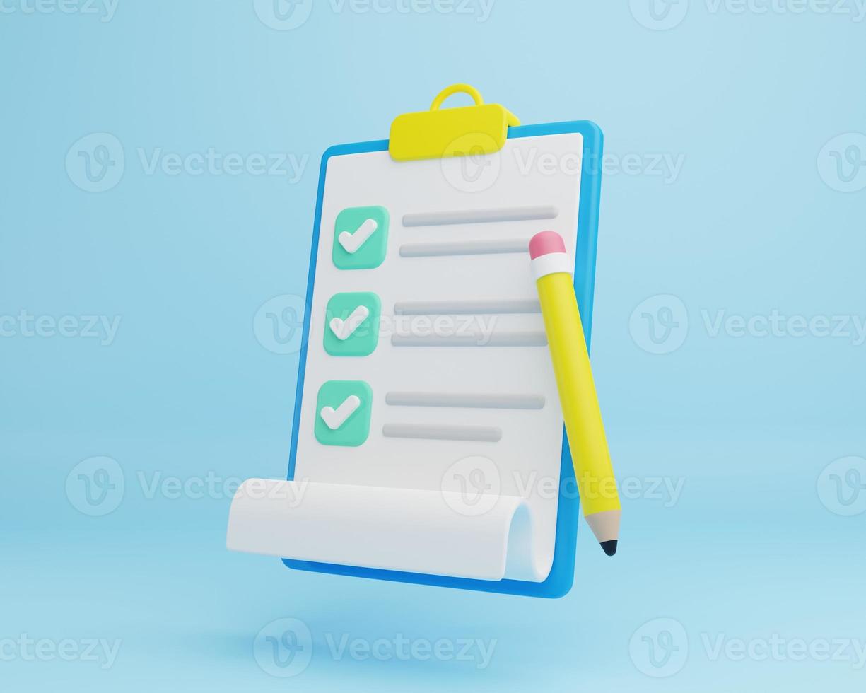 3D rendering illustration Cartoon minimal clipboard with checklist with sheets of paper icon. Business time document marking task. working plan to success, exam paper checklist, level up concept photo