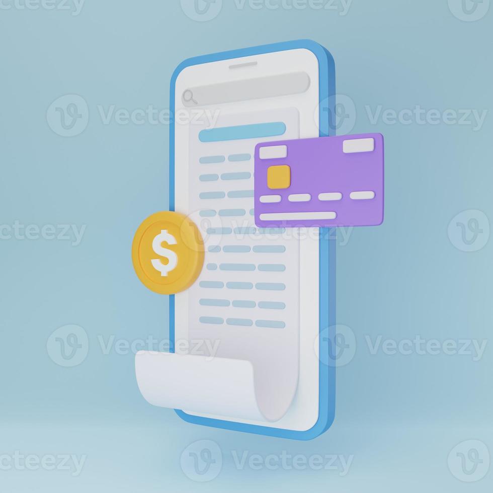 3D rendering illustration Cartoon minimal bill payment with credit card and financial for online shopping.  Easy e bill payment transaction. payment credit card 3D with payment protection concept. photo