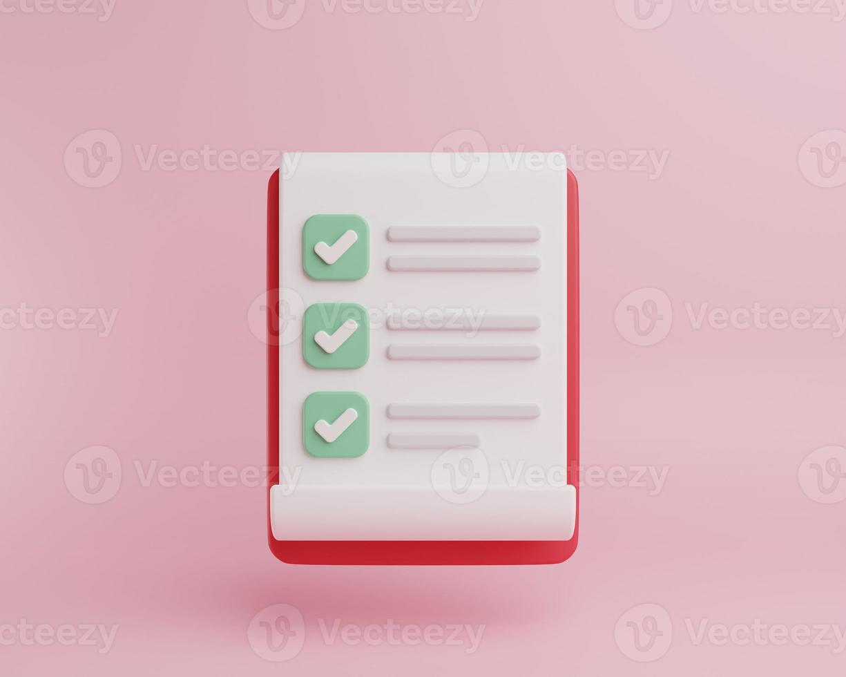 3D rendering illustration Cartoon minimal clipboard with checklist with sheets of paper icon. Business time document marking task. working plan to success, exam paper checklist, level up concept photo