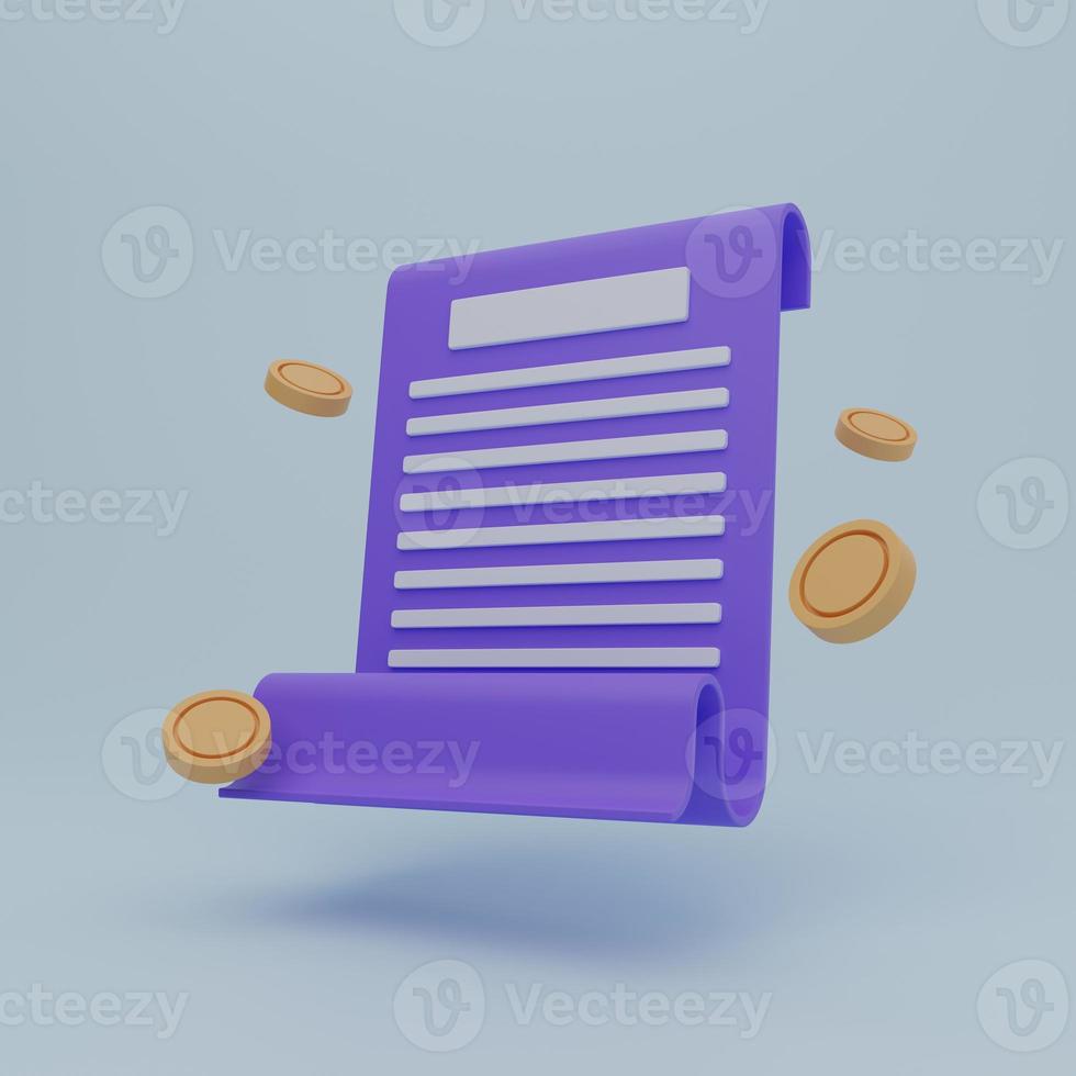 3D rendering illustration Cartoon minimal Paper financial bill of transaction receipt payment icon. Planning and organization of work. Digital invoice and paycheck. paper bill coins and banknotes. photo