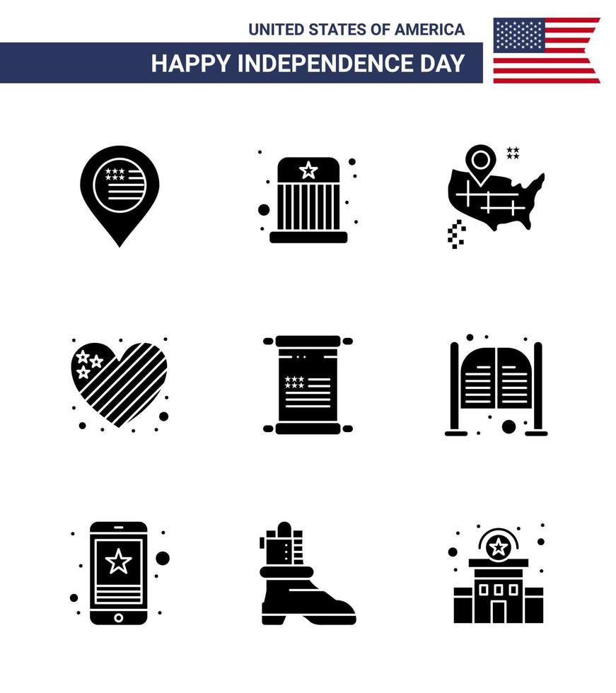 Happy Independence Day USA Pack of 9 Creative Solid Glyphs of american scroll location love flag Editable USA Day Vector Design Elements