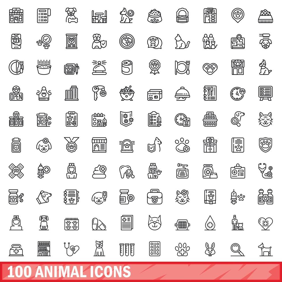 100 animal icons set, outline style vector