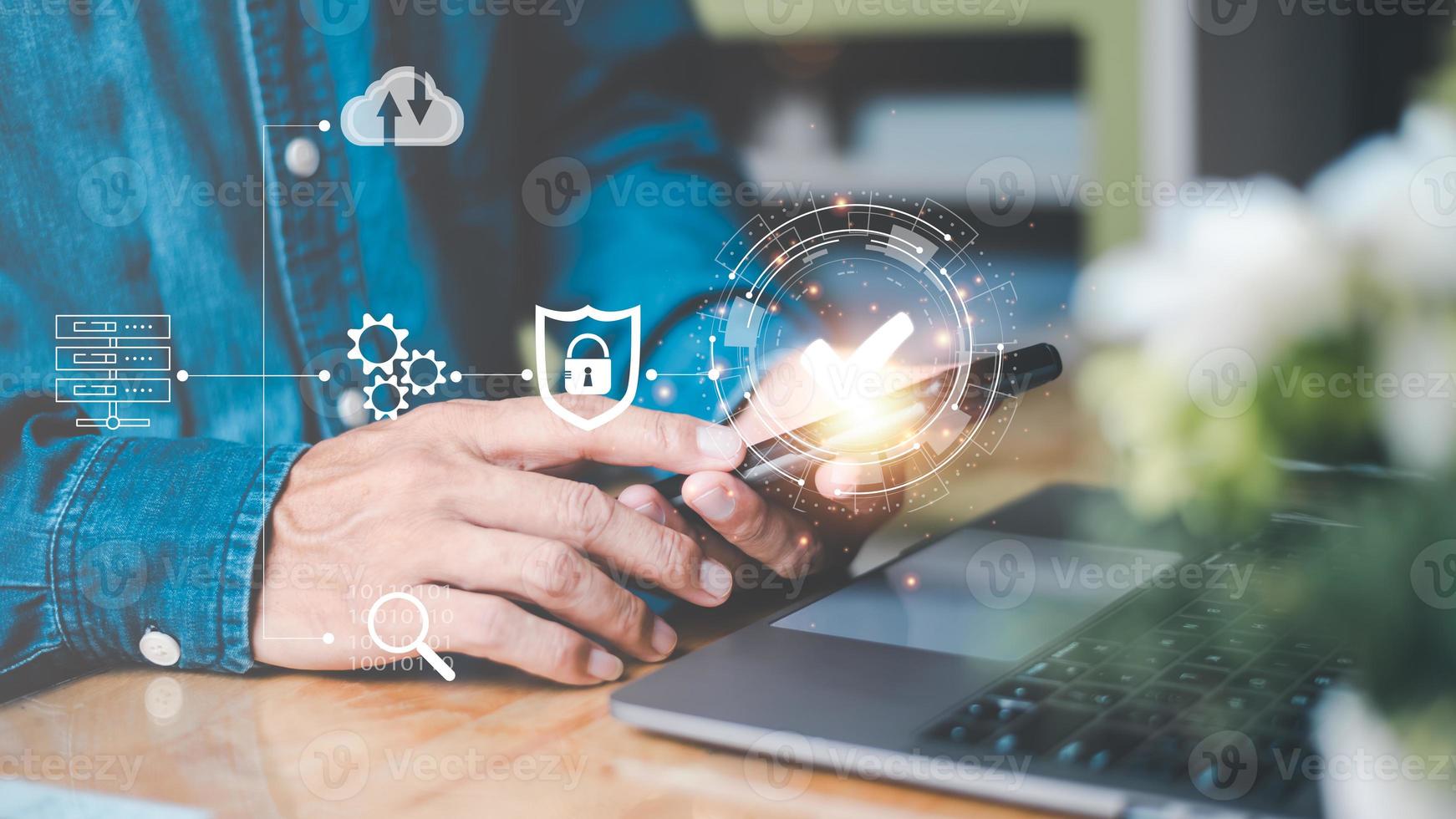 Cybersecurity Management with Online Authentication Technology Businessmen use smart phone log in with encryption,and through authorization and authentication from the database,verify your privacy photo