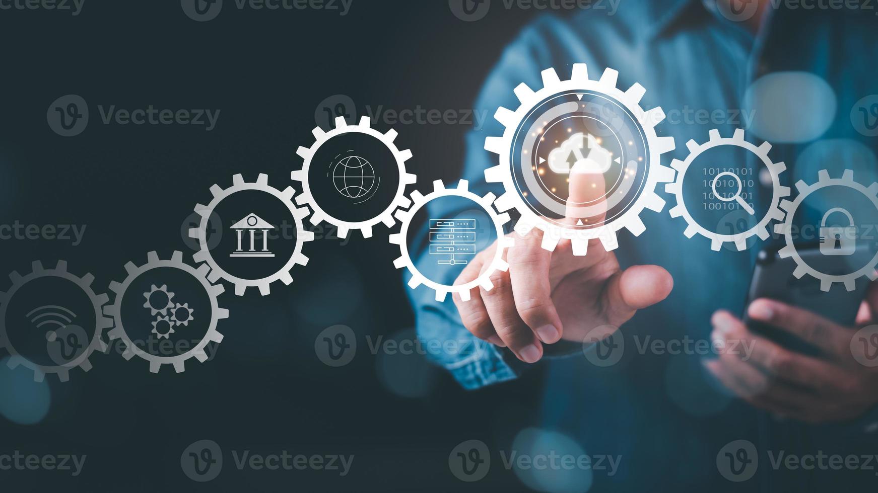 Cloud computing concept,Digital network data connection technology, modern communication with information technology,innovative online backup.with highly secure protection,man pointing at virtual icon photo