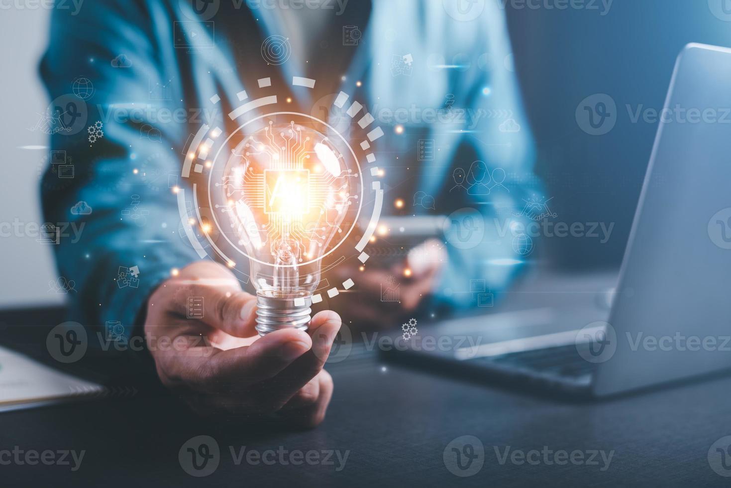 innovative technology in science and communication concepts,Technology creativity for future inventions and developments,Business for innovative solution concept,Businessman holding a light bulb photo