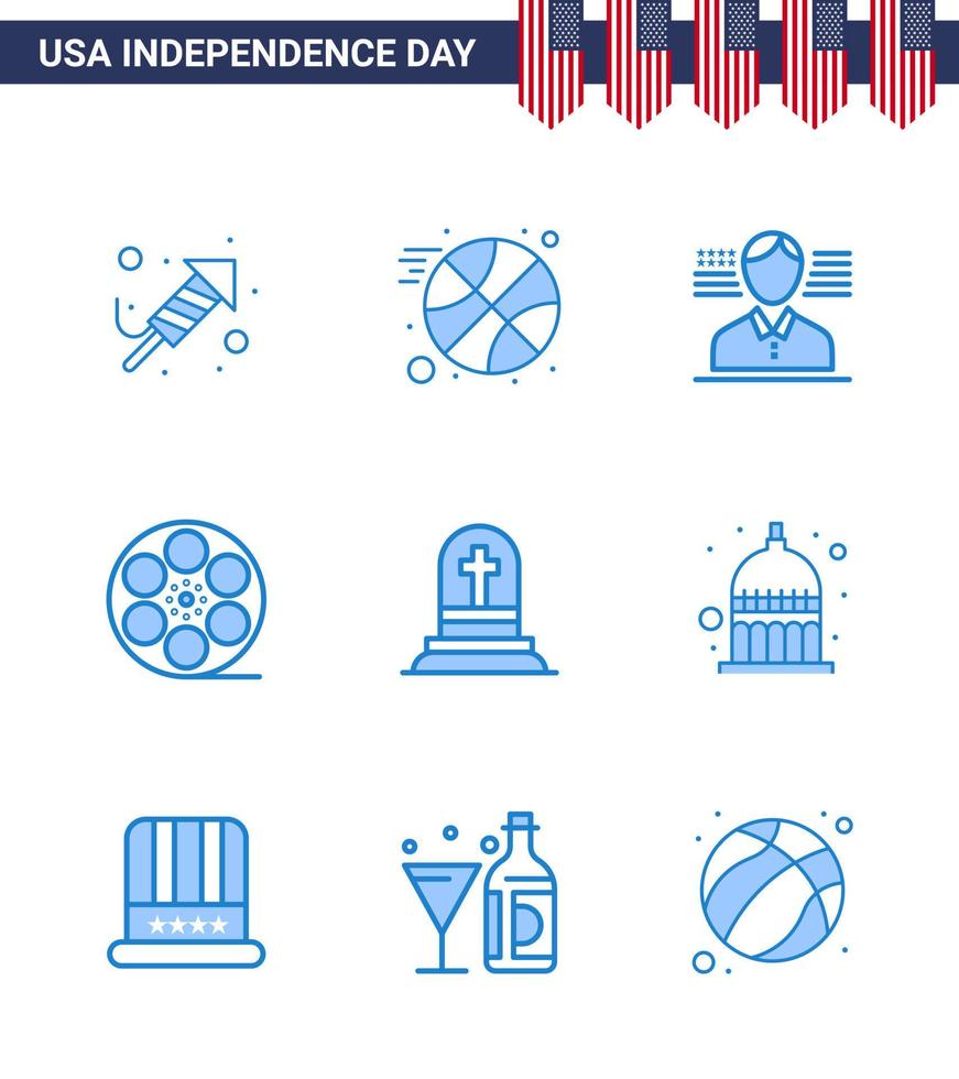 Blue Pack of 9 USA Independence Day Symbols of rip grave american death video Editable USA Day Vector Design Elements