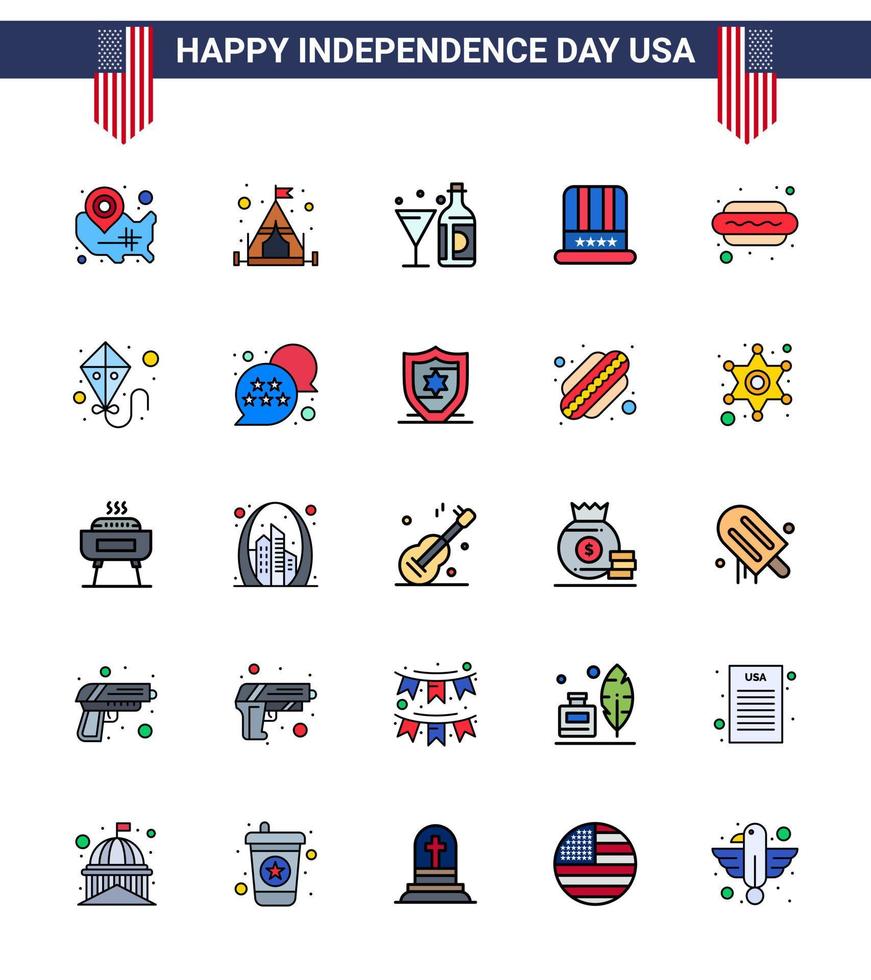 gran paquete de 25 estados unidos feliz día de la independencia líneas planas llenas de vector de estados unidos y símbolos editables de hot dog american drink cap glass elementos de diseño de vector de día de estados unidos editables