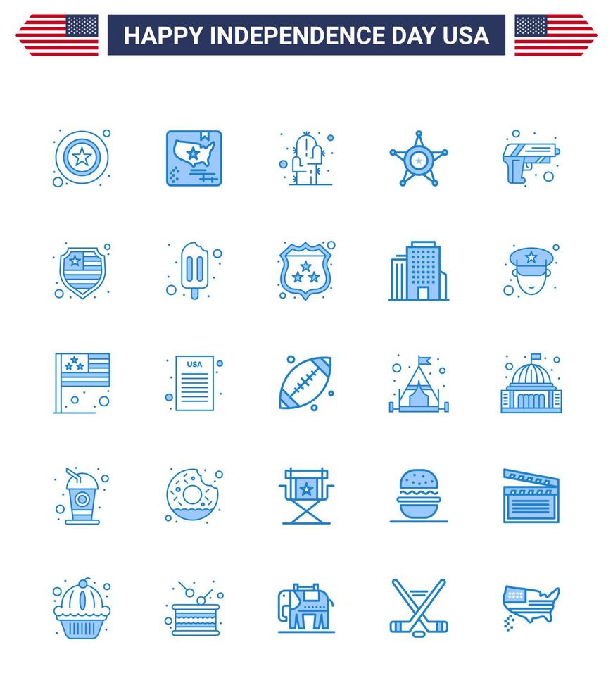 4th July USA Happy Independence Day Icon Symbols Group of 25 Modern Blues of security usa cactus star men Editable USA Day Vector Design Elements
