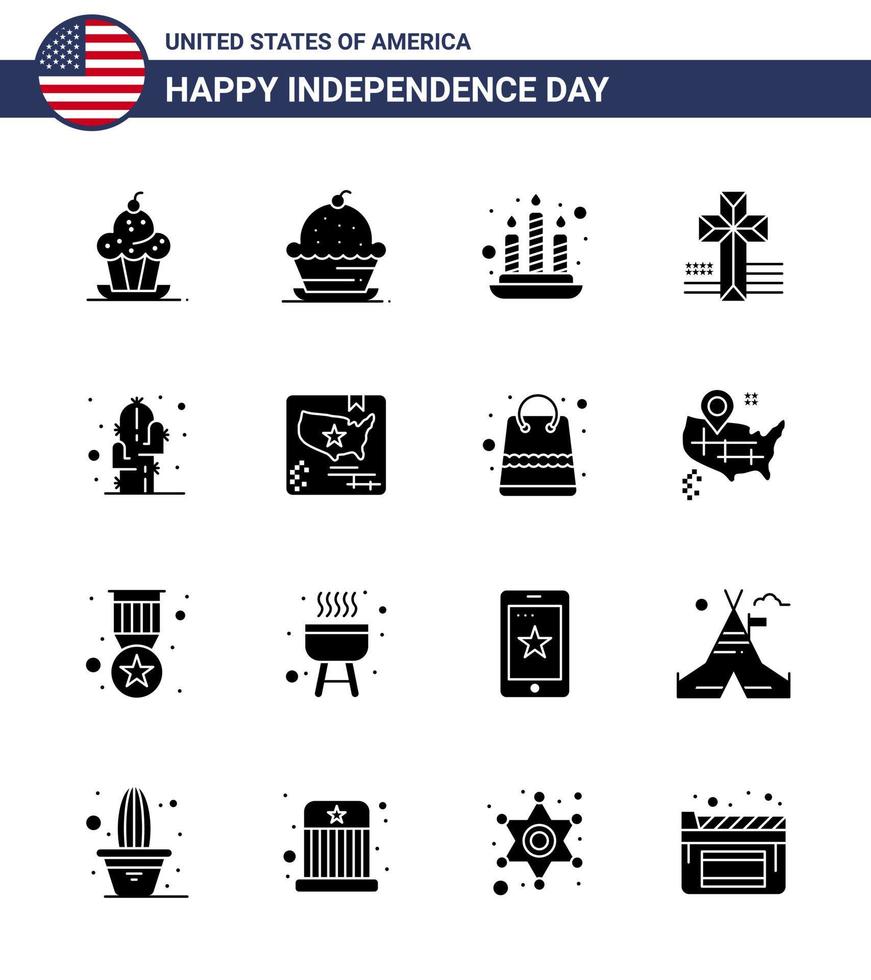 Modern Set of 16 Solid Glyphs and symbols on USA Independence Day such as map american american desert flower Editable USA Day Vector Design Elements