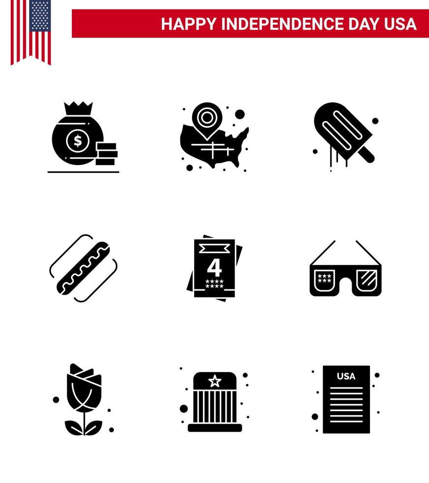 Set of 9 Vector Solid Glyphs on 4th July USA Independence Day such as invitation hotdog location pin american usa Editable USA Day Vector Design Elements