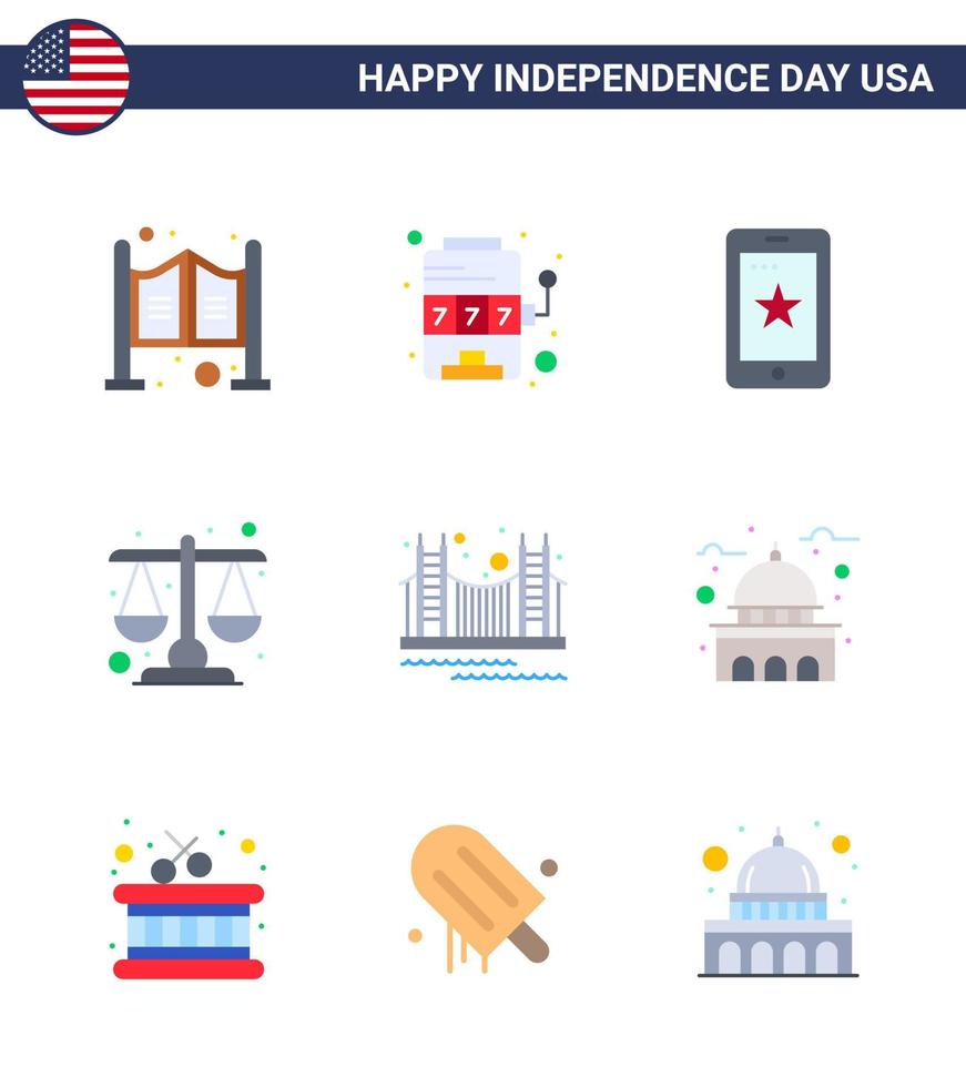 Pack of 9 creative USA Independence Day related Flats of gate scale mobile law court Editable USA Day Vector Design Elements