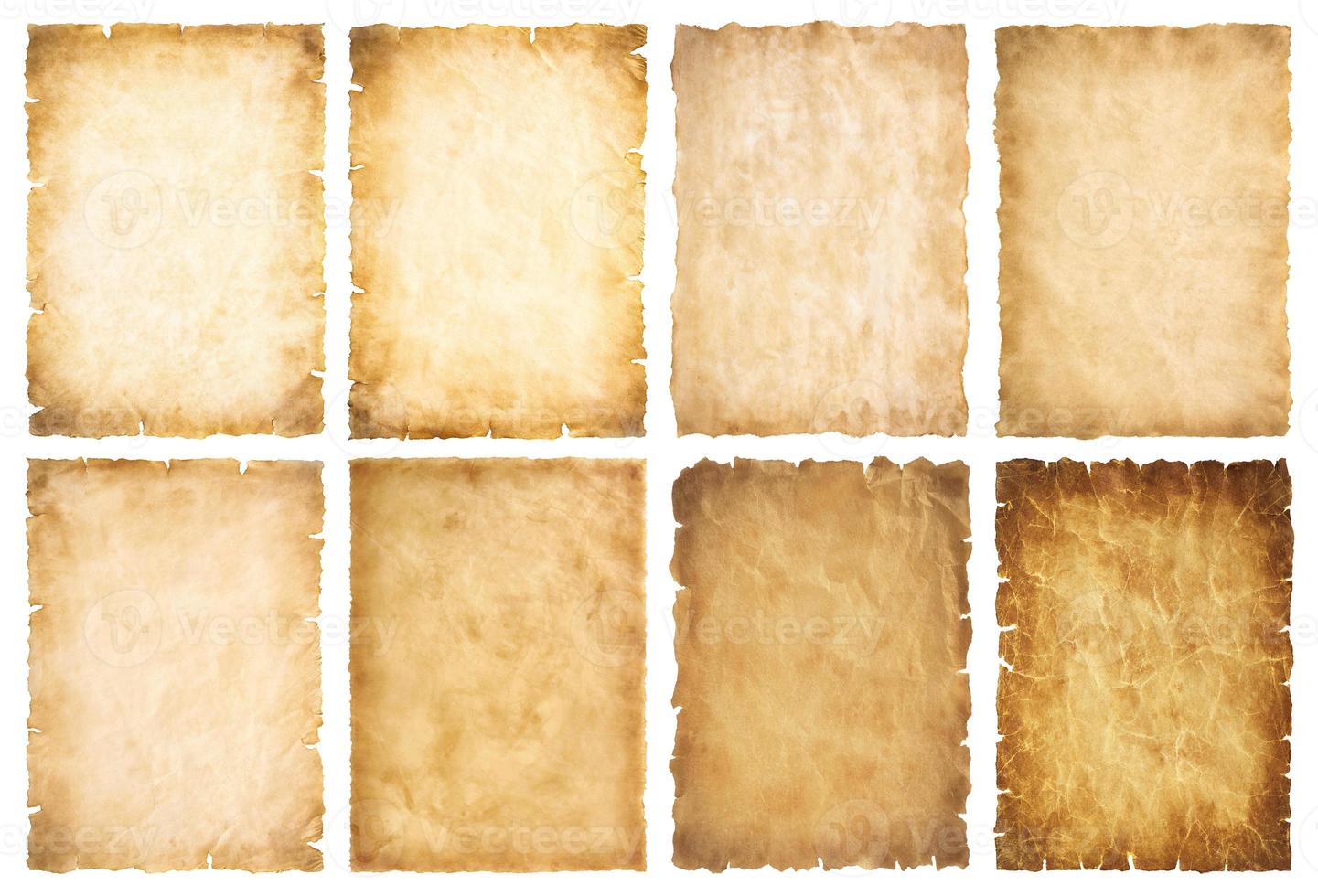 collection set old parchment paper sheet vintage aged or texture isolated on white background photo